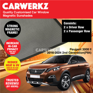 Customised Window Magnetic Sunshades for Peugeot 3008 II 2016-2024 2nd Generation (P84) France SUV - CarWerkz.com