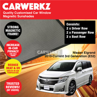 Customised Window Magnetic Sunshades for Nissan Elgrand 2010-Current 3rd Generation (E52) Japan MPV - CarWerkz.com