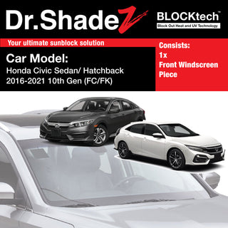 Dr Shadez BLOCKtech Premium Front Windscreen Foldable Sunshade for Honda Civic Sedan Hatchback 2015-2021 10th Generation (FC FK)